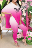 Pink Casual Gradual Change Patchwork V Neck Half Sleeve Two Pieces