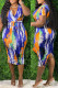 Blue Orange Sexy Print Graffiti Patchwork V Neck One Step Skirt Plus Size Dresses