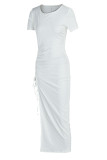 Coffee Sexy Casual Solid Bandage Draw String Slit O Neck Short Sleeve Dress