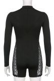 Black Sexy Patchwork Mesh Half A Turtleneck Skinny Rompers