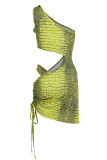 Yellow Sexy Print Hollowed Out Patchwork Asymmetrical Oblique Collar Pencil Skirt Dresses