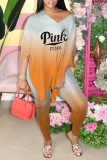 Pink Casual Gradual Change Patchwork V Neck Half Sleeve Two Pieces