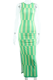 Green Sexy Print Slit O Neck Pencil Skirt Dresses