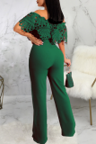 Blue Casual Solid Lace Off the Shoulder Boot Cut Jumpsuits