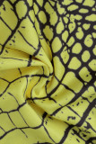 Yellow Sexy Print Hollowed Out Patchwork Asymmetrical Oblique Collar Pencil Skirt Dresses