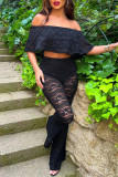 Black Fashion Casual Solid Patchwork Backless Off the Shoulder Short Sleeve Two Pieces