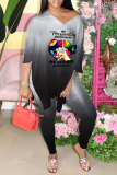 Pink Fashion Gradual Change Patchwork V Neck Half Sleeve Two Pieces