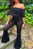 Black Fashion Casual Solid Patchwork Backless Off the Shoulder Short Sleeve Two Pieces