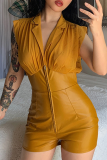 Khaki Sexy Solid Patchwork Turndown Collar Skinny Rompers