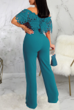 Blue Casual Solid Lace Off the Shoulder Boot Cut Jumpsuits