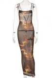 Blue Sexy Print Mesh Spaghetti Strap Pencil Skirt Dresses