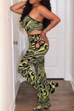 Yellow Fashion Sexy Print Hollowed Out Backless Strapless Sleeveless Two Pieces