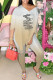 Khaki Fashion Casual Print Letter V Neck Short Sleeve Two Pieces