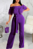 Blue Casual Solid Lace Off the Shoulder Boot Cut Jumpsuits