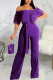 Purple Casual Solid Lace Off the Shoulder Boot Cut Jumpsuits