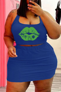Blue Sexy Casual Lips Printed Backless U Neck Plus Size Two Pieces