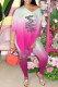 Pink Fashion Casual Print Letter V Neck Short Sleeve Two Pieces