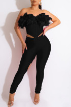 Black Sexy Solid Hollowed Out Split Joint Feathers Strapless Sleeveless Two Pieces