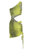 Yellow Sexy Print Hollowed Out Patchwork Asymmetrical Oblique Collar Pencil Skirt Dresses