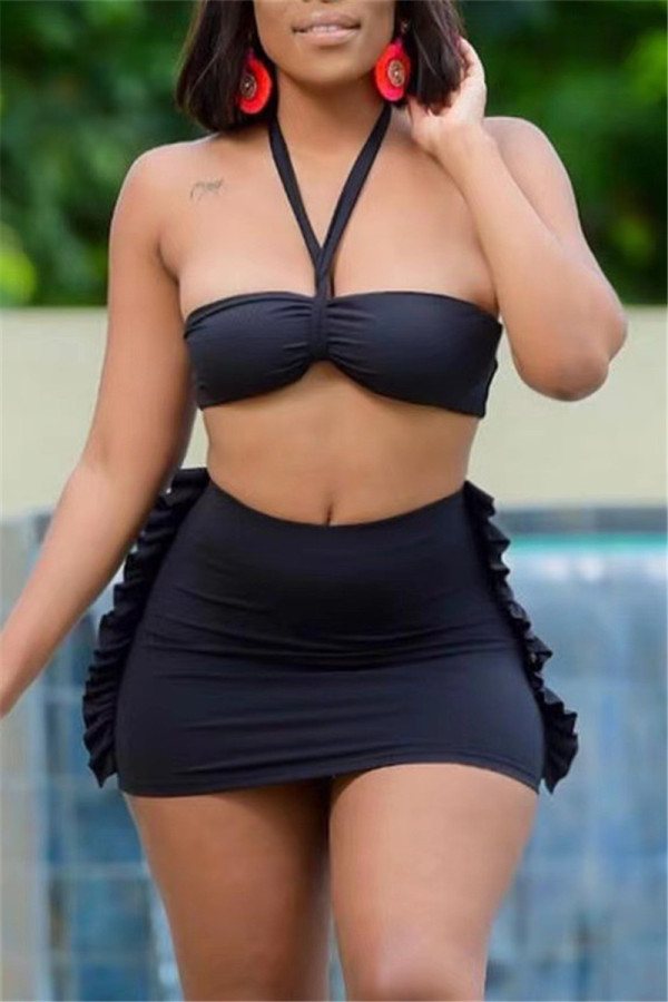 Black Fashion Sexy Solid Bandage Backless Strapless Sleeveless Two Pieces
