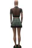 Red Sexy Plaid Print Patchwork See-through V Neck Short Sleeve Two Pieces