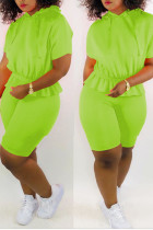 Fluorescent Green Simplicity Solid Split Joint Fold Hooded Collar Short Sleeve Two Pieces