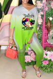 Pink Fashion Gradual Change Patchwork V Neck Half Sleeve Two Pieces