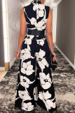 Black Fashion Casual Print Without Belt Turtleneck Regular Jumpsuits