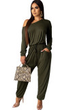 Army Green Sexy Solid Long Sleeve one shoulder collar 