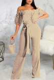 Blue Casual Solid Lace Off the Shoulder Boot Cut Jumpsuits