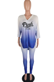 Pink Casual Gradual Change Patchwork V Neck Half Sleeve Two Pieces