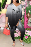 Pink Casual Gradual Change Patchwork V Neck Half Sleeve Two Pieces