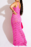 Rose Red Sexy Solid Tassel Hollowed Out Patchwork Swimwears Cover Up