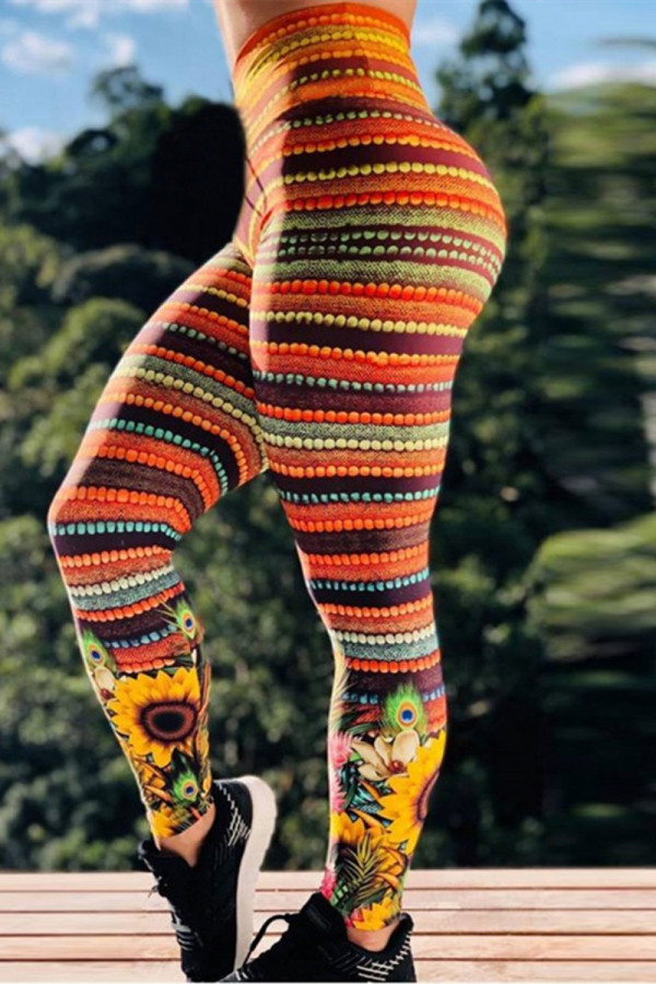 Orange Fashion Casual Print Basic Skinny High Waist Pencil Trousers