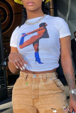 White Casual Print Patchwork O Neck T-Shirts