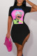 Black Casual Print Patchwork Slit O Neck One Step Skirt Dresses