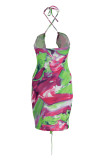 Light Blue Fashion Sexy Print Tie Dye Hollowed Out Frenulum Backless Swimwears