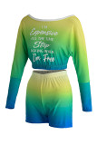 Fluorescent Green Fashion Casual Gradual Change Letter Print Basic O Neck Long Sleeve Two Pieces