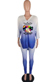 Pink Fashion Gradual Change Patchwork V Neck Half Sleeve Two Pieces
