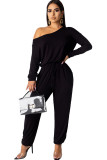 Black Sexy Solid Long Sleeve one shoulder collar 