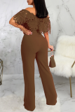 Blue Casual Solid Lace Off the Shoulder Boot Cut Jumpsuits