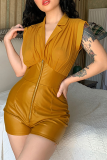 Khaki Sexy Solid Patchwork Turndown Collar Skinny Rompers
