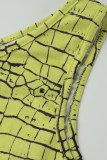 Yellow Sexy Print Hollowed Out Patchwork Asymmetrical Oblique Collar Pencil Skirt Dresses