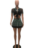 Red Sexy Plaid Print Patchwork See-through V Neck Short Sleeve Two Pieces