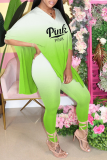 Pink Casual Gradual Change Patchwork V Neck Half Sleeve Two Pieces