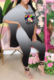 Pink Fashion Gradual Change Patchwork V Neck Half Sleeve Two Pieces