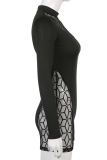 Black Sexy Patchwork Mesh Half A Turtleneck Skinny Rompers