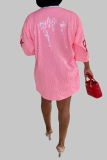 Pink Casual Print Sequins O Neck Straight Dresses
