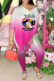 Pink Fashion Gradual Change Patchwork V Neck Half Sleeve Two Pieces