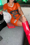 Red Sexy Print Patchwork See-through O Neck One Step Skirt Dresses